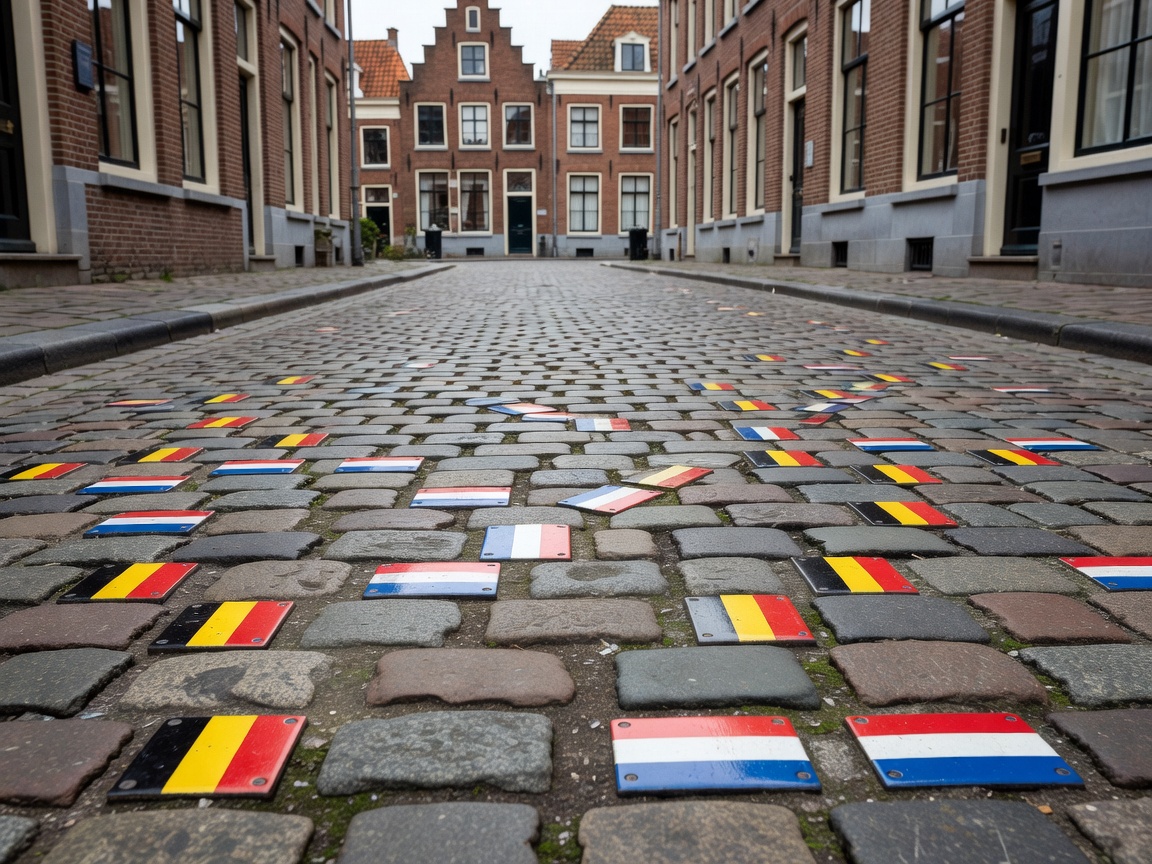 Border markings crossing pavement between Belgium and Netherlands