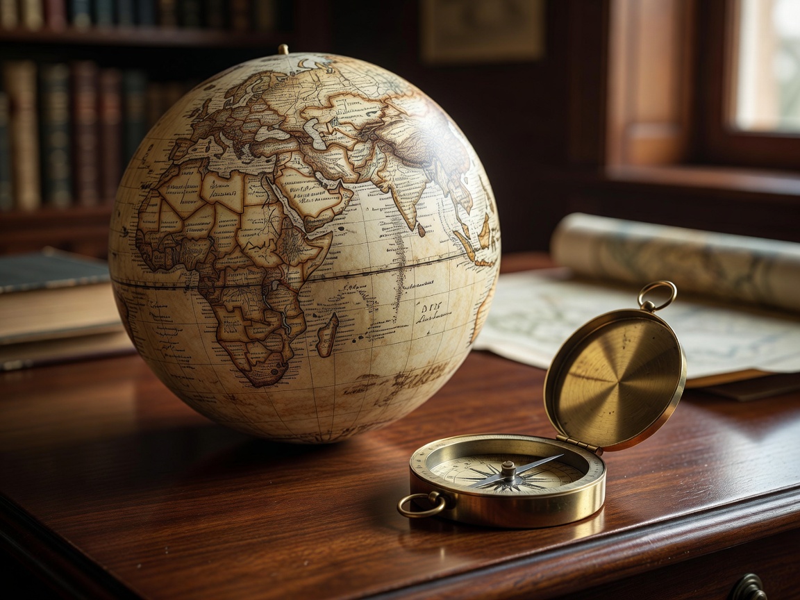 Cartographic globe with boundary lines and measurement compass
