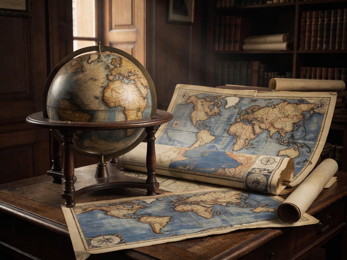 Vintage globe and antique world maps depicting territorial boundaries
