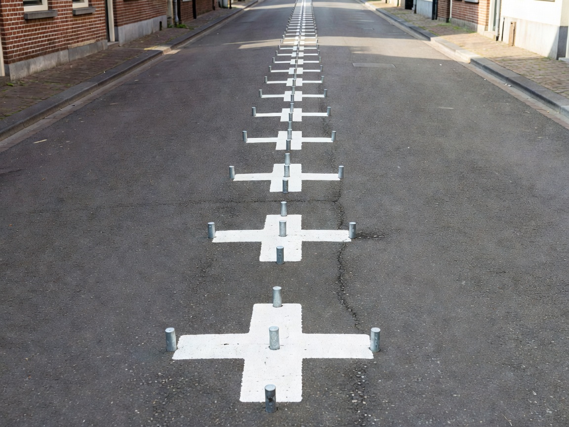 White plus marks and zinc pins marking the Belgian-Dutch border across street in Baarle
